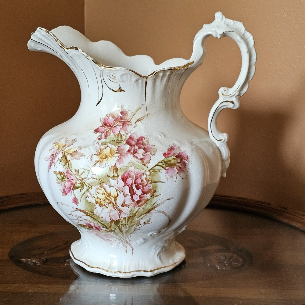 Vintage Homer Laughlin Floral Ceramic Pitcher with Pink and Gold Accents